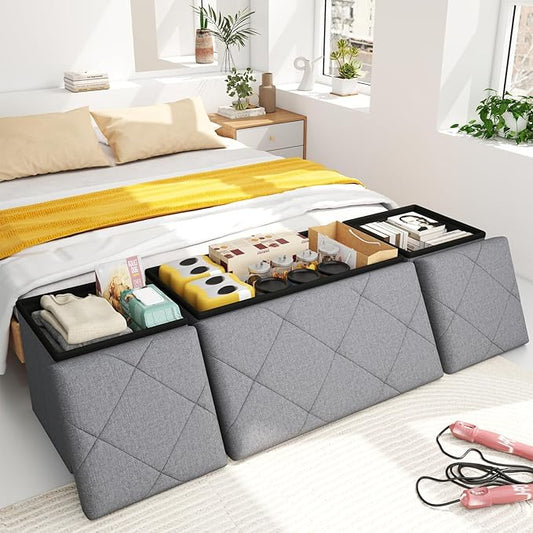 30W Folding Ottoman with Storage Bench,Storage Ottoman Bench,15W Inches Ottoman Foot Rest,End of Bed Bench,Support 660LBS Foot Rest Stool for Living Room,Bedroom,Dark Gray（30W+30W+15W