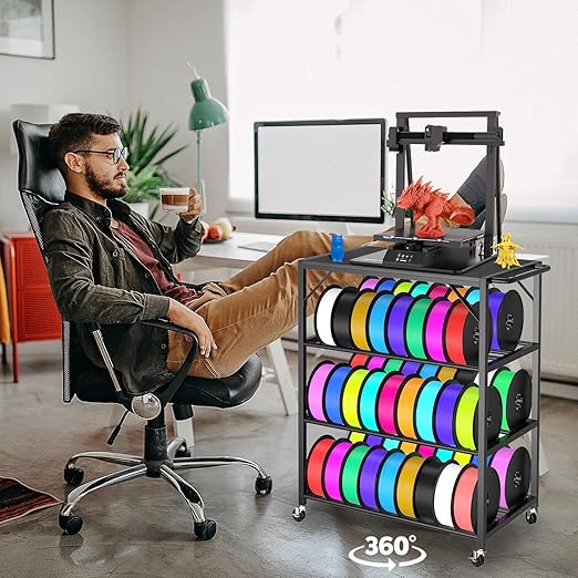 3D Printer Stand with Filament Storage Rack - 3D Printer Table Rolling Printer Cart on Wheels, Heavy Duty Metal Filament Spool Holder Organizer, 3D Printing Workstation for 48 Filament Spools (Black)
