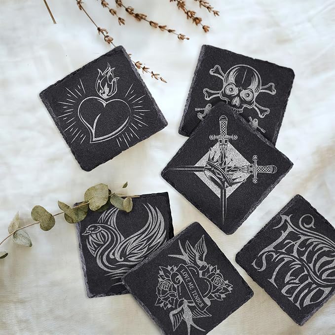 24 PCS Square Slate Drink Coasters Set, SIJDIEE 4 Inch Laser Engraving Black Slate Stone Coasters with Anti-Scratch Bottom and Coaster Holder for Office Bar Kitchen Home Dinner Table Decor Supplies