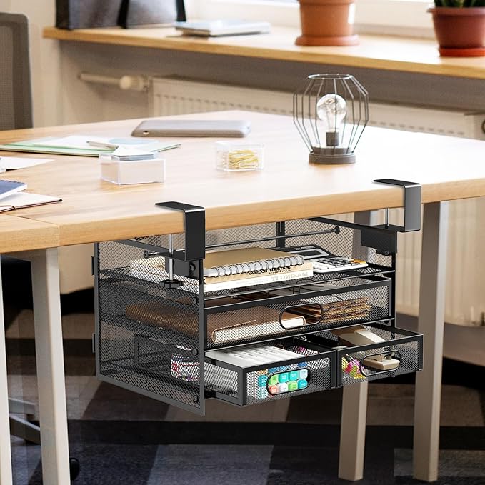 Under Desk Drawer Organizer 3 Layer, Large Under Desk Storage Side Drawers for Home & Office, Drill-Free Clamp-on Installation for Small Space, Spacious Storage for Office Supplies, Papers