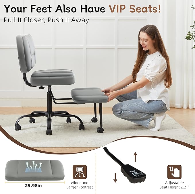 Ergonomic Criss Cross Legged Office Chair, ADHD Chair, 360° Swivel Meditation Kneeling Chair with Wheels, Adjustable Footrest, Bigger & Wider Height Adjustable Seat, Strong Lumbar Support, Grey PU