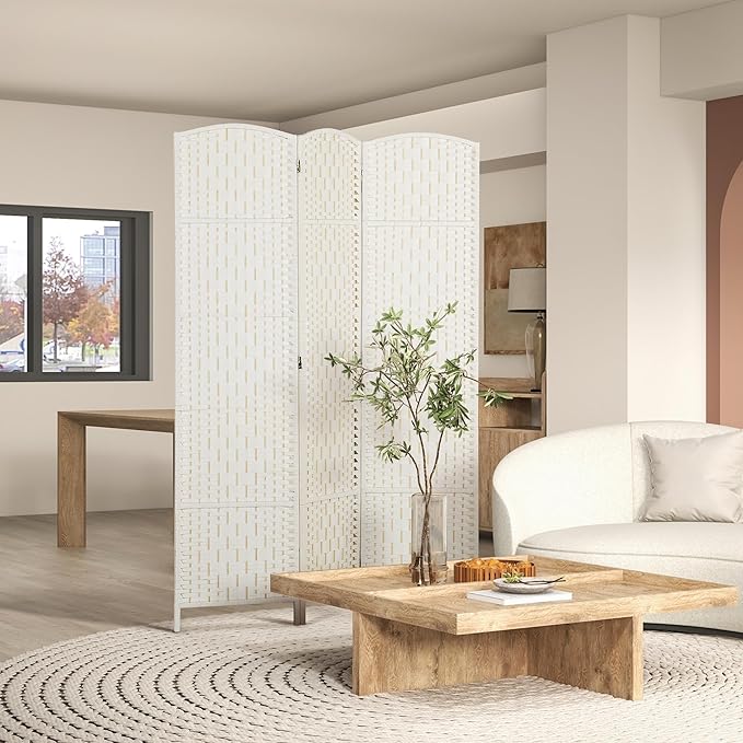 HOMCOM Room Divider 3 Panel, 6FT Tall Folding Privacy Screen, Freestanding Hand-Woven Partition for Room Separation with 360° Hinges, Paper Rope Diamond Weave, White