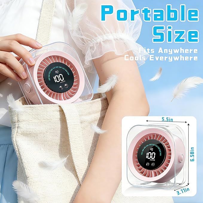 FOWSEEK Small Portable Desk Fan, 4000mAh USB Rechargeable Mini Table Fan with 100 Speeds Turbo Airflow, 360° Adjustable, LED Display, Quiet Desktop Cooling Fans for Home Office Travel-Pink