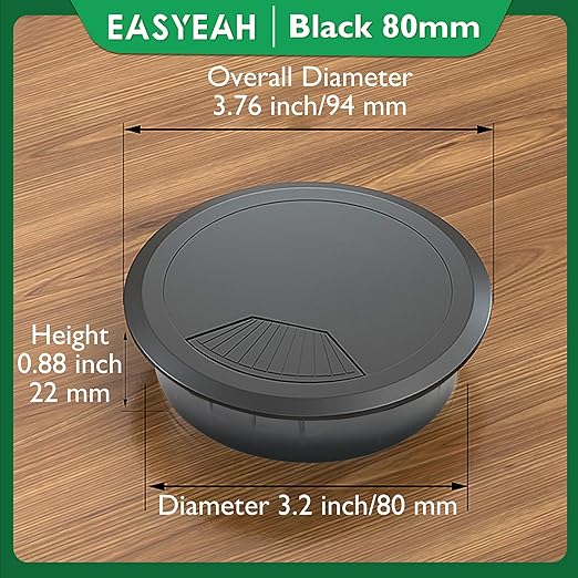 EASYEAH 5 Pcs Desk Grommet 3-1/8" / 80 mm, Desk Cord Hole Cover, Cable Grommet ABS Plastic, Desk Hole Grommet for Home & Office Pc, Detachable Adjustable Cable Cord Organizer-Black