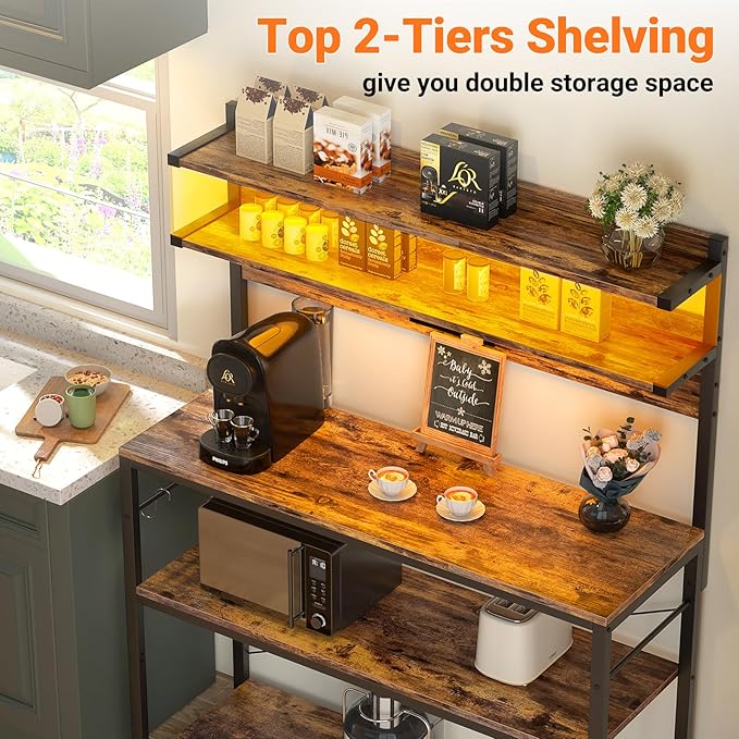 Aheaplus Bakers Rack with Power Outlet, Microwave Stand, 5 Tiers Coffee Bar Station with Led Lights, Kitchen Storage Shelf with 6 S-shaped Hooks, Kitchen Rack Coffee Bar Stand, Rustic Brown