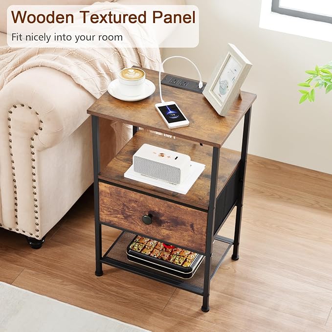 LOAKEKEL Night Stand Set 2, Nightstand with Charging Station, End Tables Living Room with Fabric Drawer for Small Spaces, Bed Side Tables with Storage Shelf for Bedroom, Rustic Brown HETS010PBR
