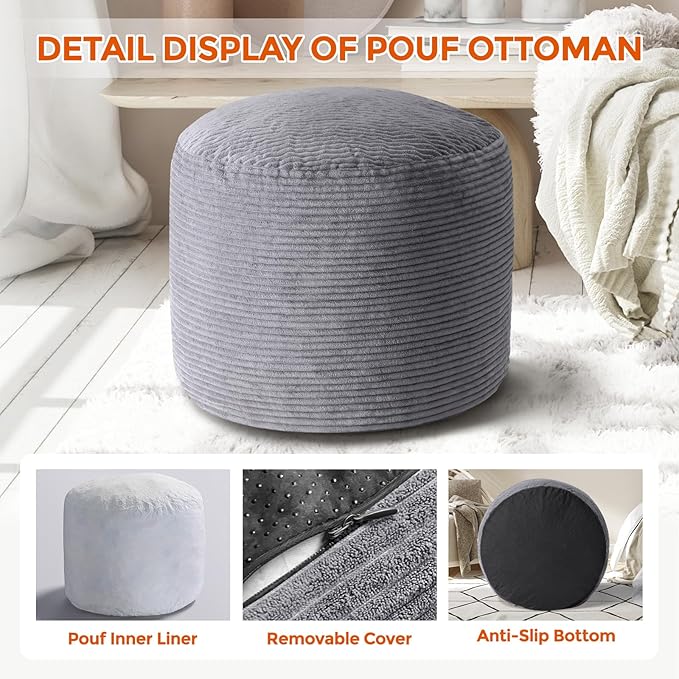 20" x 20" x 15" Pouf Ottoman Foot Rest, Pre-Stuffed Round Foot Stool with Odorless Shredded Memory Foam, Furry & Fluffy Corduroy Footrest for Living Room, Dark Grey