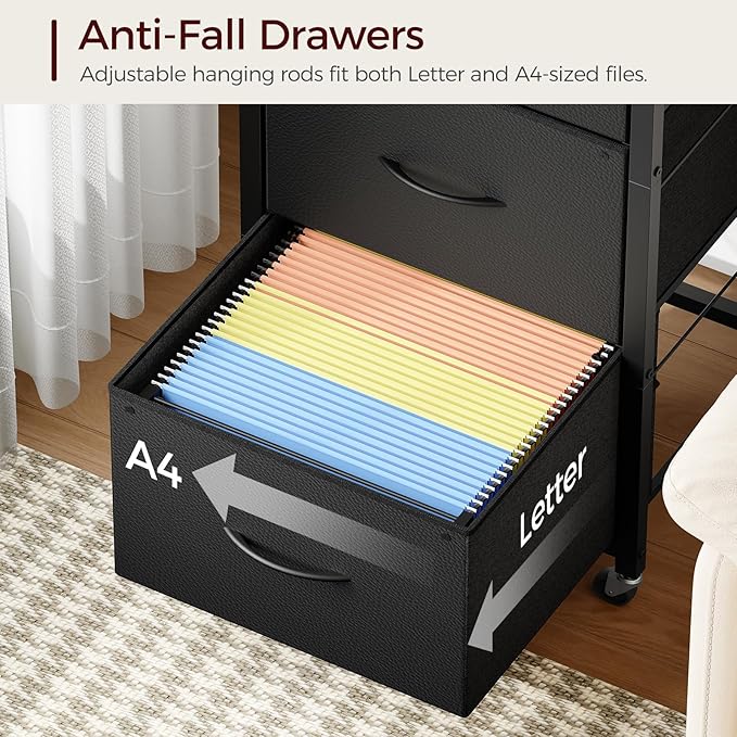 MAHANCRIS 3 Drawer File Cabinet, Vertical Filing Cabinet with Wheels, Printer Stand with Non-Woven Fabric Drawer, Adjustable Hanging Rods, fits A4/Letter Size, for Home Office, Black FCBK5901