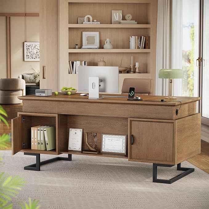 63" Executive Desk with Charging Station, Large Home Office Desks with 6 Drawers and 2 Storage Cabinets, File Drawer, Keyboard Tray, Privacy Panel, Desk Grommet, U-Shaped Metal Legs for Work and Study