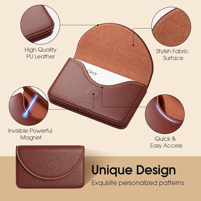MaxGear Business Card Holder Case, PU Leather Business Card Case for Purse, Pocket Travel Name Card Holder Wallet for Men or Women Gift, Portable Magnetic Business Card Carrier, Slim & Stylish, Coffee