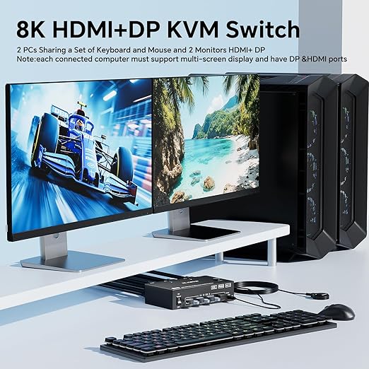 8K@60Hz HDMI Displayport KVM Switch 2 Monitors 2 Computers,USB 3.0 KVM Switch Dual Monitor for 2 Computer Share 2 Monitor and 4 USB Ports,with Wired Remote,12V Power Adapter and USB Cables