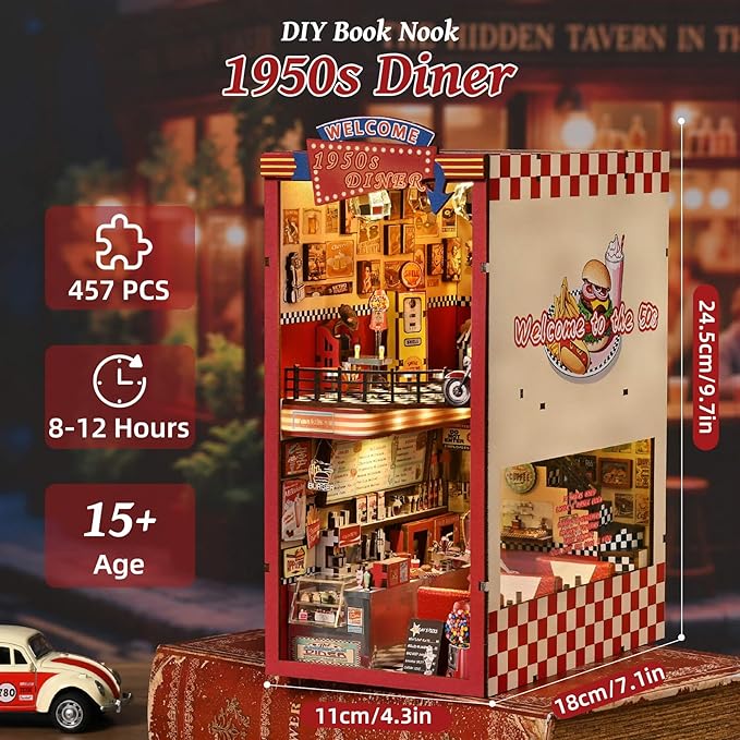 fifijoy Book Nook Kit - DIY Miniature House Dollhouse Kit for Adults and Teens, Booknook Retro Diner Bookshelf Decor 3D Wooden Puzzle with LED Light, Gifts for Family and Friends (1950s Diner)