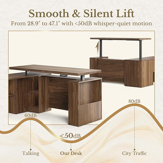63 Inches L Shaped Standing Desk, Executive Electric Height Adjustable Desk with Drawers and File Cabinet, AC/USB, 1.18" Thiken Desktop and Privacy Panel for Home Office, Black Walnut
