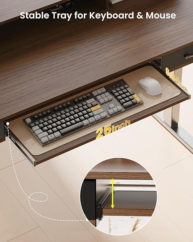 Electric Standing Desk with Keyboard Tray, 55x24 Inches Height Adjustable Stand up Desk with 2 Drawers, Ergonomic Sit to Stand Table with Storage Monitor Stand, Black Walnut