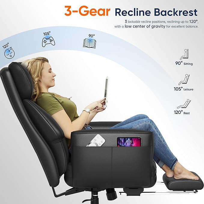 GABRYLLY Ergonomic Chair with Footrest – Wide Cross Legged Chair with Reversible Armrests, 120°Tilt, Lumbar Support,Heavy-Duty Base, Big and Tall Executive Chair Plus, Black, GY82766
