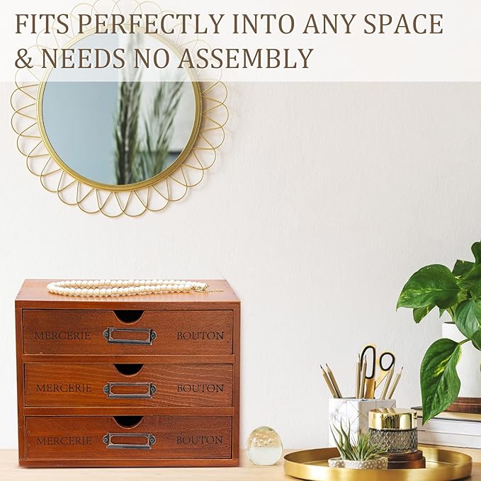 Wesiti 3 Drawer Vintage Wooden Desk Organizer, Apothecary Cabinet Storage Drawers, Rustic Shelf Drawer, Home Office Organizers and Accessories, Embroidery Floss, Craft, Art, Jewelry Storage, Stackable