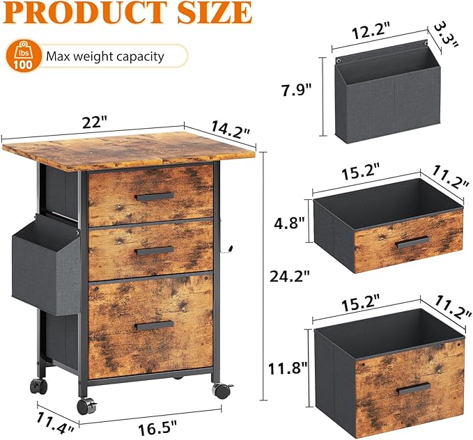 Mexin 3 Drawer File Cabinet with 24'' Extended Desktop, Mobile Filing Cabinet, Printer Stand, Rolling Printer Stand with Side Bag, Fabric Drawer, Fits A4 Size, Home Office,Rustic Brown