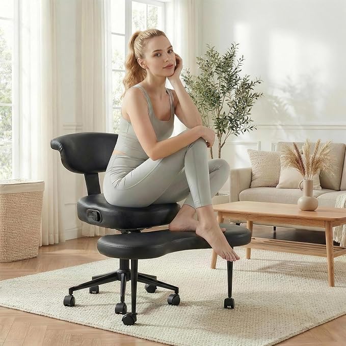 Ergonomic Kneeling Chair with Wheels, Cross Legged Office Chair with High Lumbar Support, 360° Swivel Meditation Chair for ADHD & Yoga, Wide Criss Cross Chair for Home