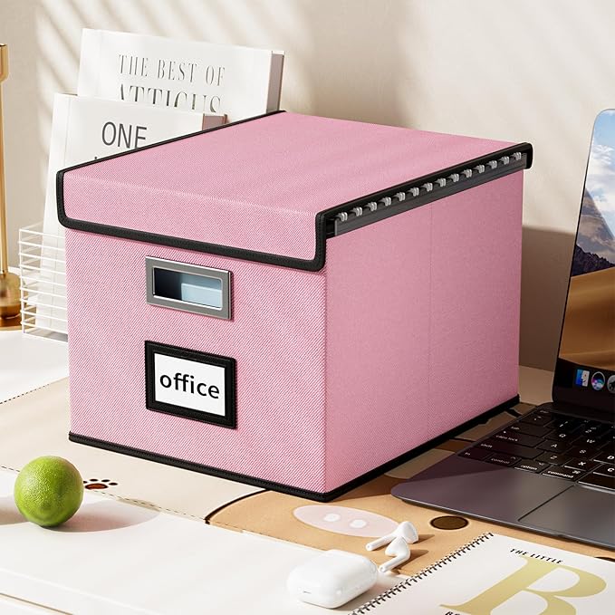 Collapsible File Storage Organizer Boxes with Lids, Linen Document Storage, Universal Hanging Filing Organization Boxes for Letter/Legal, Decorative Office/Home File Bins - Boxes Only(2 Pack)