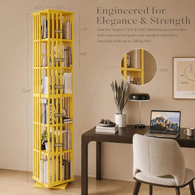 Lauxery Rotating Bookshelf Tower– 6 Tier 360° Spinning Bookshelf | Space-Saving Floor Standing Bamboo Revolving Bookcase for Small Space, Home Offices & Reading Corners | Gold