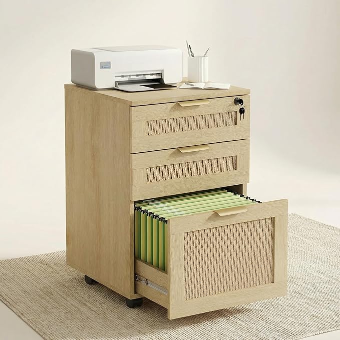 Lateral File Cabinets for Home Office, 3 Drawer Filing Cabinet with Lock, Rattan Filing Organization Storage Cabinets with Printer Stand for Hanging Files/Letter/Legal/A4/F4 Size, Natural Wood