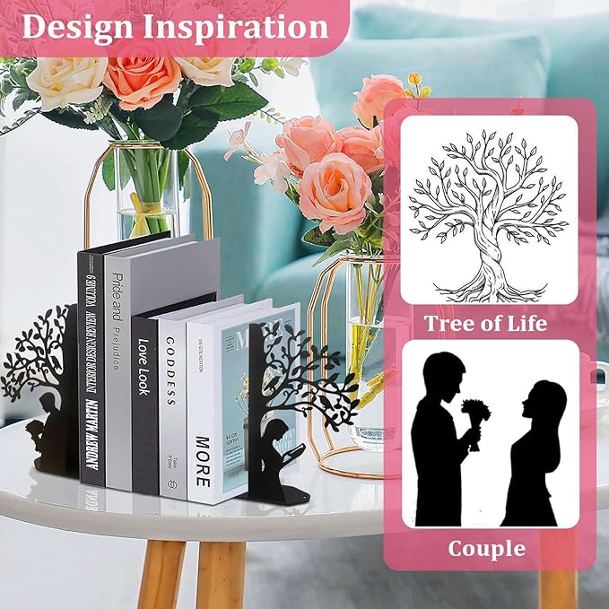 Tree of Life Bookends Decorative Couple Book Ends for Shelves, Black Metal Bookends for Heavy Books, Book Organizer for Desk Bookshelf Home Office Book Stopper Valentines Day Gifts for her