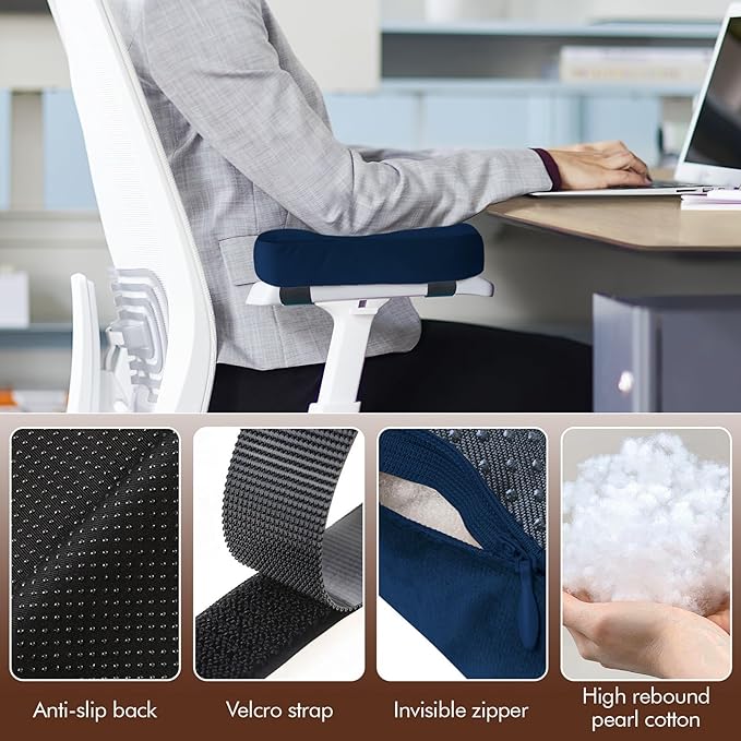 WdFour 2-Pack Non-Slip Armrest Pads for Office & Gaming Chairs - Ergonomic Forearm Support Pillow for Desk, Computer & Wheelchair, Pressure Relief Cushions (Navy Blue)