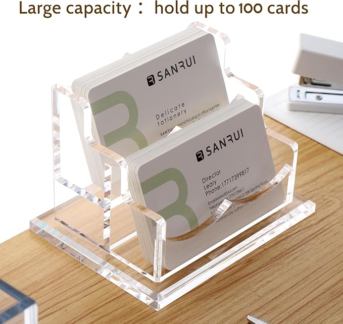 SANRUI Business Card Holder for Desk, Clear Acrylic Business Card Holders Horizontal Business Card Display Stand 2 Slots（Patent No.:US D1,001,889 S）