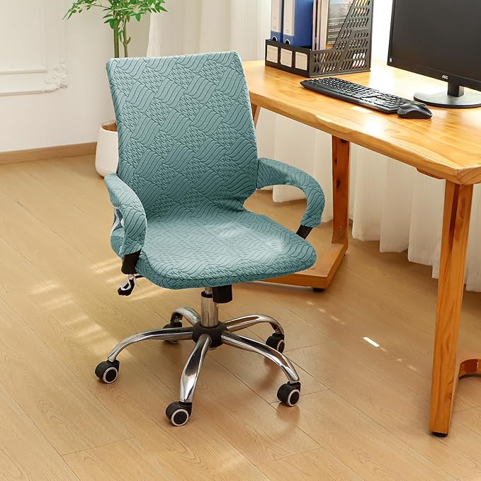 Green Office Chair Cover with Armrest Cover 18Inch Wide Stretch Jacquard Patterned Small Desk Computer Chair Covers with Long Zipper Arm Slipcovers Washable