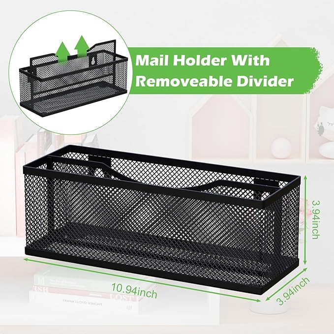 Mail Holder Countertop, Mail Organizer with 2 Slots, Mail Basket Wall Mounted Desktop Mail Sorter Letter Holder Box Envelope Organizer for Home Office, Black