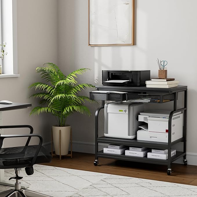 EasyCom 32.3"x18.9" Extra Large Printer Stand with Double Drawers, 5-Adjustable Heights 3 Tier Table with Wheels, Rolling Printer Cart with Storage for Printer Scanner Fax Home Office Use