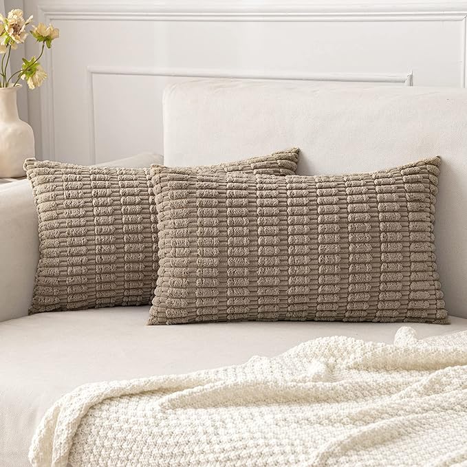 MIULEE Pack of 2 Corduroy Decorative Lumbar Throw Pillow Covers 22x14 Inch Soft Boho Striped Pillow Covers Modern Farmhouse Home Decor for Sofa Living Room Couch Bed Light Brown