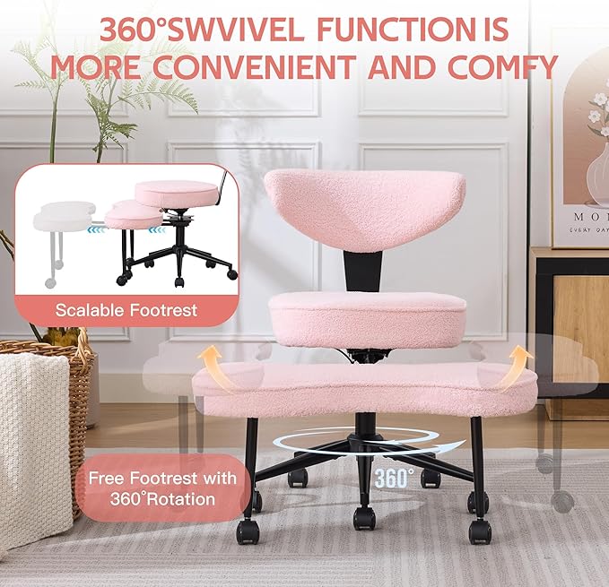 Garvee Ergonomic Cross Legged Office Chair with Lumbar Support, 360° Swivel Meditation Chair with Wheels - Adjustable Height for ADHD Desk & Yoga, Wide Criss Cross Chair, Kneeling Chair for Home, Pink