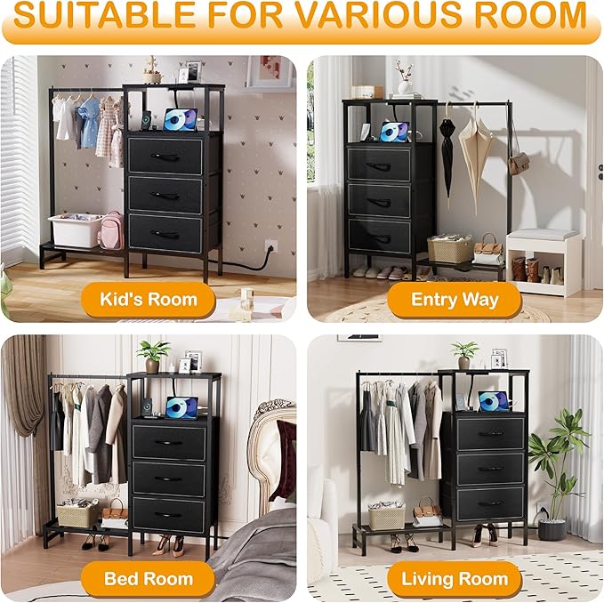 Dresser for Bedroom with Hanging Rack, 3 Drawers Closet with Charging Station, Fabric Chest of Drawers with Clothes Rack, Storage Organzier for Hallway Entryway, Black
