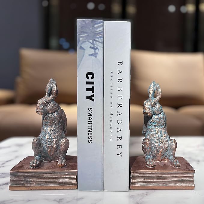Book Ends for Shelves to Hold Books Hevay Duty,Decorative Bookends for Bookshelf Décor,Cute Animal Rabbit Book Stopper Easter Bunny Statues for Home, Living Room Decoration,1 Pair (Bronze)