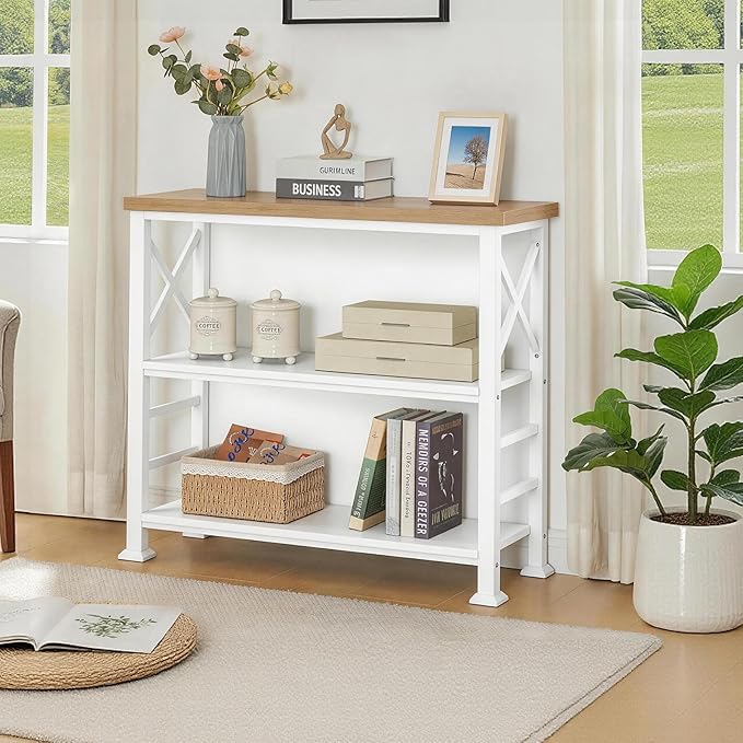 HOMBAZAAR 3-Tier Small Bookshelf, 35.4 Inch Short Book Shelf with Sturdy Metal Frame & Wood Shelves, Rustic Brown and White Industrial Bookcase for Living Room, Bedroom, Office