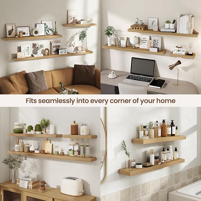 Acovy 36 Inch Floating Shelves for Wall 2 Pack, 36" Wall Shelves for Books, Storage, Decor, Wall Mounted Floating Shelf with Invisible Brackets for Kitchen, Living Room, Light Brown