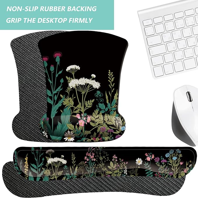 Keyboard Wrist Rest Pad Mouse Pad with Wrist Support Set of 3, Gaming Mousepad with Non-Slip Rubber Base, Ergonomic Memory Foam Mouse Cushion Support for Home Office Laptop Computer, Flowers Grass