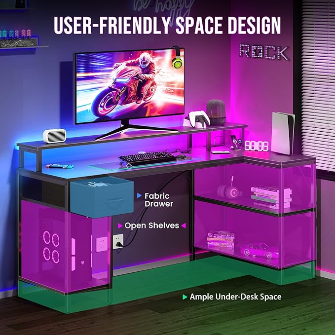 DUMOS 53” Gaming Desk with USB Charging Ports & LED Lights, Reversible L Shaped Desks Computer Corner Gamer Table with Power Outlets Monitor Stand Storage Shelves for Home Office Small Space, Black