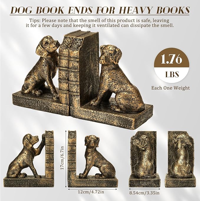 Tatuo 2 Pcs Decorative Dog Bookends for Shelves, Vintage Old-Money Book Ends for Heavy Books Labrador Dog Animal Stopper Retriever Statues with Anti-Slip Base for Book Lover Home Office Bookshelf