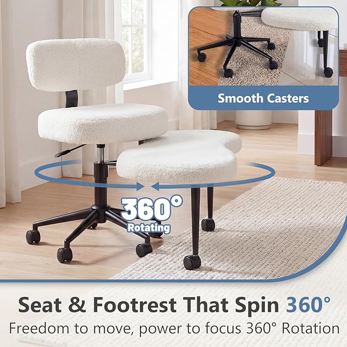 DUMOS Ergonomic ADHD Cross Legged Office Desk Chair with Adjustable Backrest, Height Adjustable Meditation Chair with 360° Swivel Footstool, Teddy Fabric Yoga Stool for Home Office, Bright White