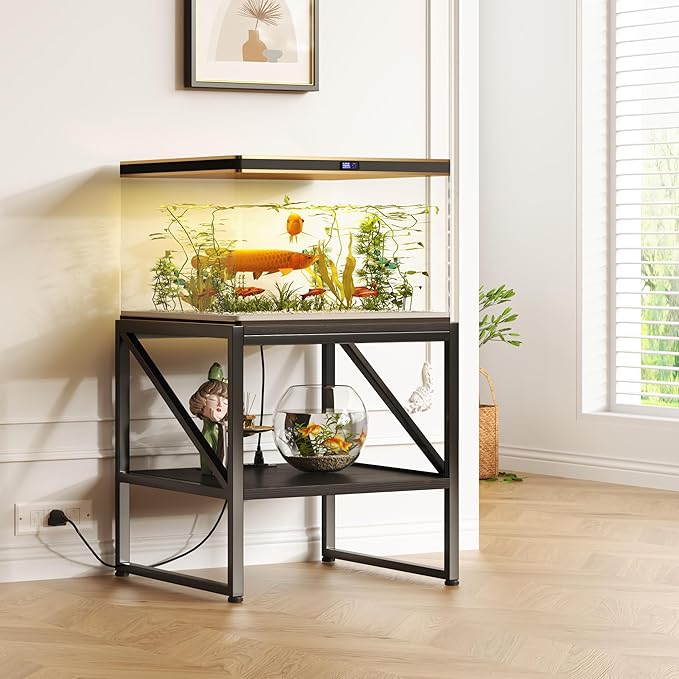 End Table with Charging Station, 20 Inch Square Printer Stand with USB Ports & Power Outlets, Mini Fridge Stand with 2-Tier Storage Shelf Adjustable, Industrial Wood Nightstand for Small Spaces, Black