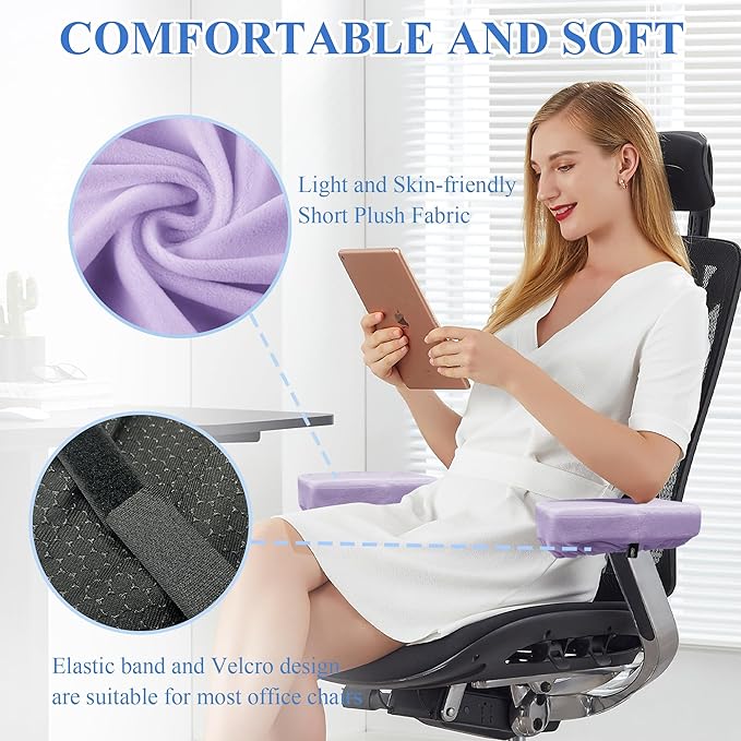 SPRING SEAON Office Chair Arm Covers Soft Memory Foam Arm Rest Pads Short Plush Gaming Chair Armrest Cushion Provide Cushioning for Elbows and Forearms 2 Pack Chair Covers for Arms (Purple)