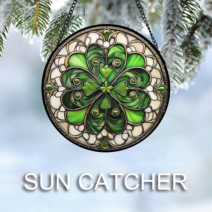 DASTOLL Stained Glass Window Hanging St. Ripak Festival Green Lucky Clover 7.8" - Suncatcher Door Garden Sun Catcher Ireland Decor Mother's Day for Mom Woman Her Men Sisters