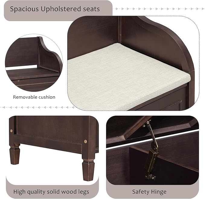 SOFTSEA 41.9" Storage Bench with Back, Entryway Shoe Bench with Cushion & Lift Top Storage, Rustic Shoe Storage Cabinet with Cushioned Seat for Entryway, Bedroom, Living Room (Espresso)