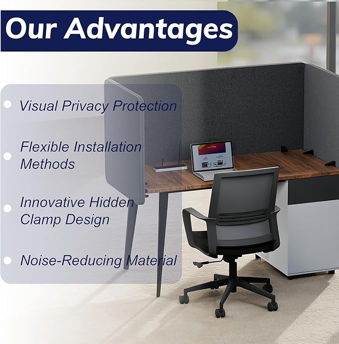 Desk Privacy Panel 24 x 24 Inch,Sound Absorbing & Proof Desk Divider for Office, Clamp-on/Screw-on Acoustic Desk Back Panel Partition, Dark Gray
