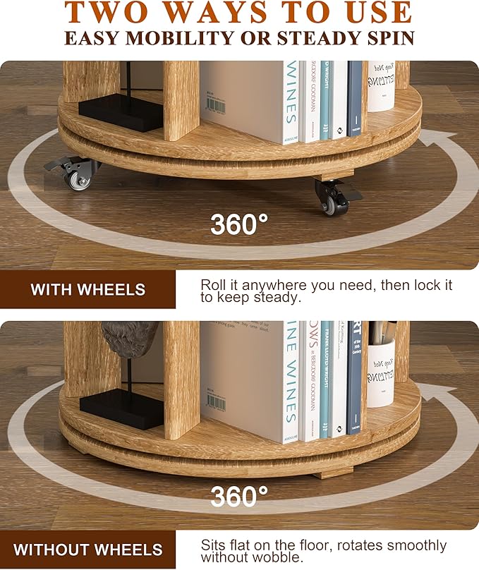 4-Tier Solid Wood Rotating Bookshelf on Wheels, 360° Spinning Book Shelf Tower, Round Revolving Bookcase Organizer, Rolling Bookshelves for Small Spaces, Corner, Bedroom, Kids Room, Office, Natural