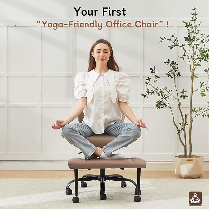 Ergonomic Criss Cross Legged Office Chair, ADHD Chair, 360° Swivel Meditation Kneeling Chair with Wheels, Adjustable Footrest, Bigger & Wider Height Adjustable Seat, Strong Lumbar Support, Brown PU