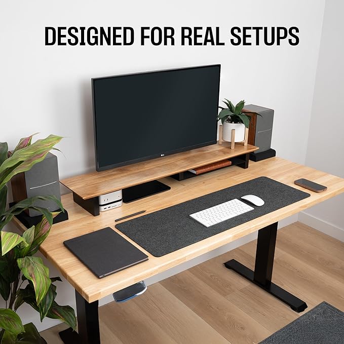 COREMINDED Solid Wood Dual Monitor Stand Riser – 43" Oak Desk Shelf for 2 Monitors with Tray & Wool Felt, Organizer for Desktop, Laptop and Office (Solid Oak)
