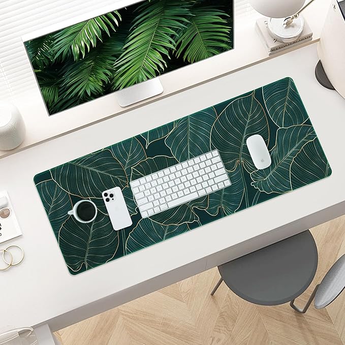 ALOANES Waterproof Mouse Pad with Durable Stitched Edge, Large Gaming Keyboard Pad, Non-Slip Rubber Base, Extended Desk pad for Gamer, Office & Home, Green Leaves Mousepad 27.6''x 11.8''x 0.12''